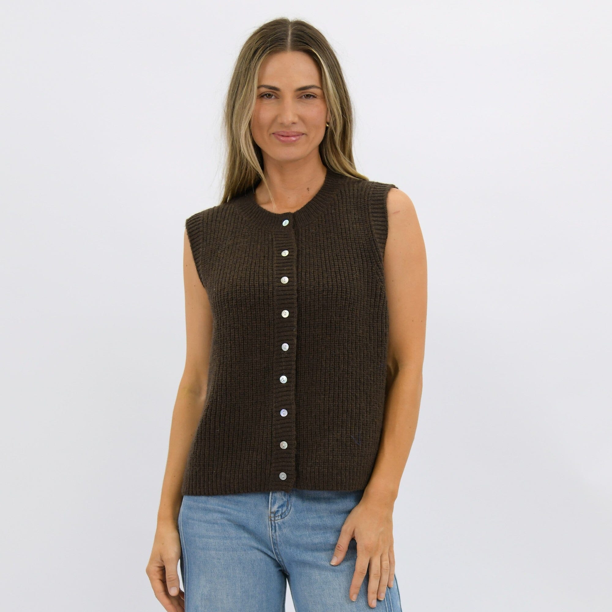 Worthier Button Front Knit Vest - Chocolate Women's Vest Worthier 