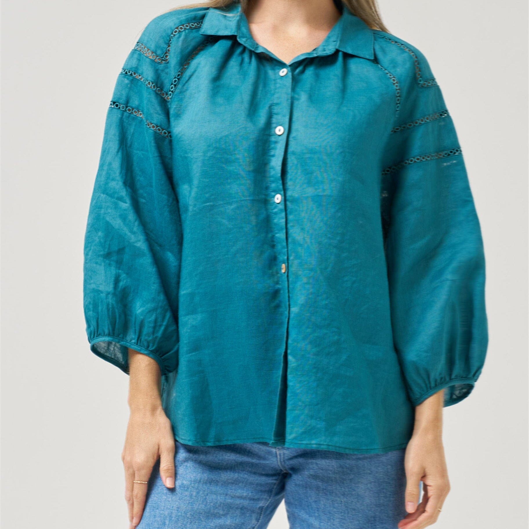 Worthier Jolie Long Sleeve Blouse - Teal Worthier