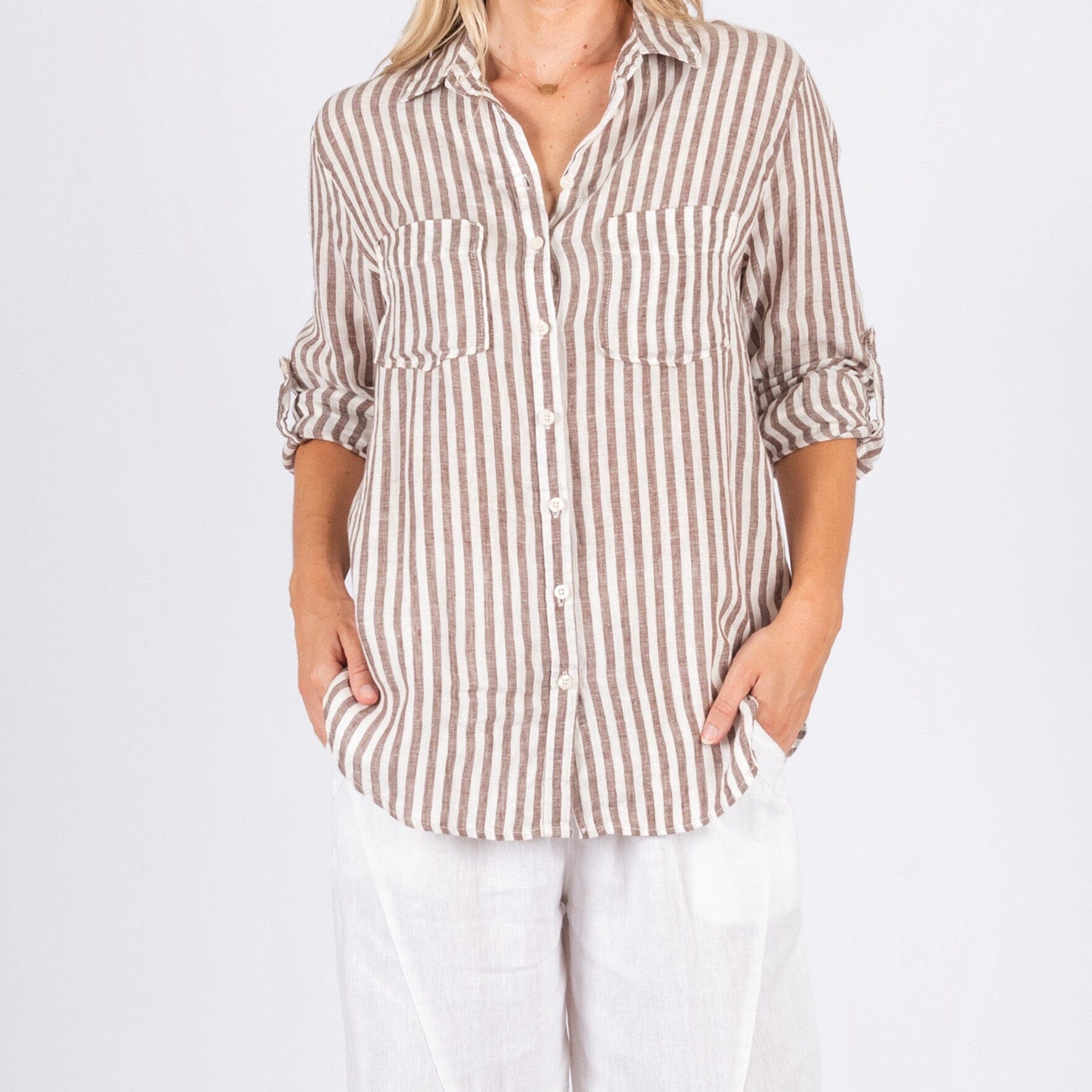Worthier Journi Linen Stripe Dual Pockets Shirt - Brown Stripe Worthier