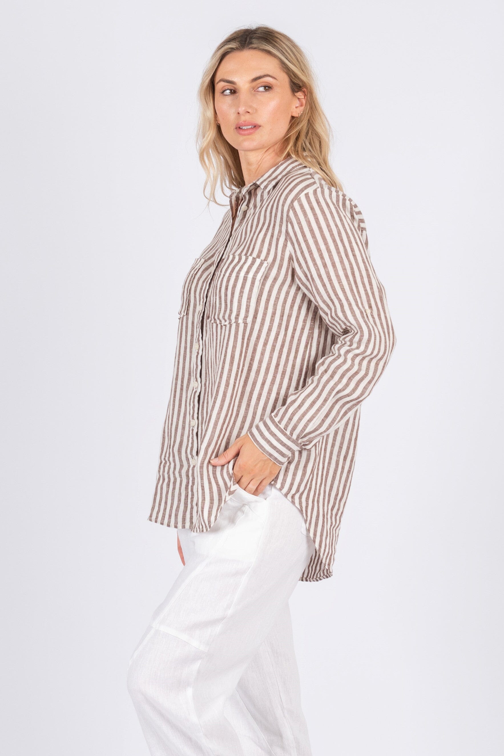 Worthier Journi Linen Stripe Dual Pockets Shirt - Brown Stripe Worthier