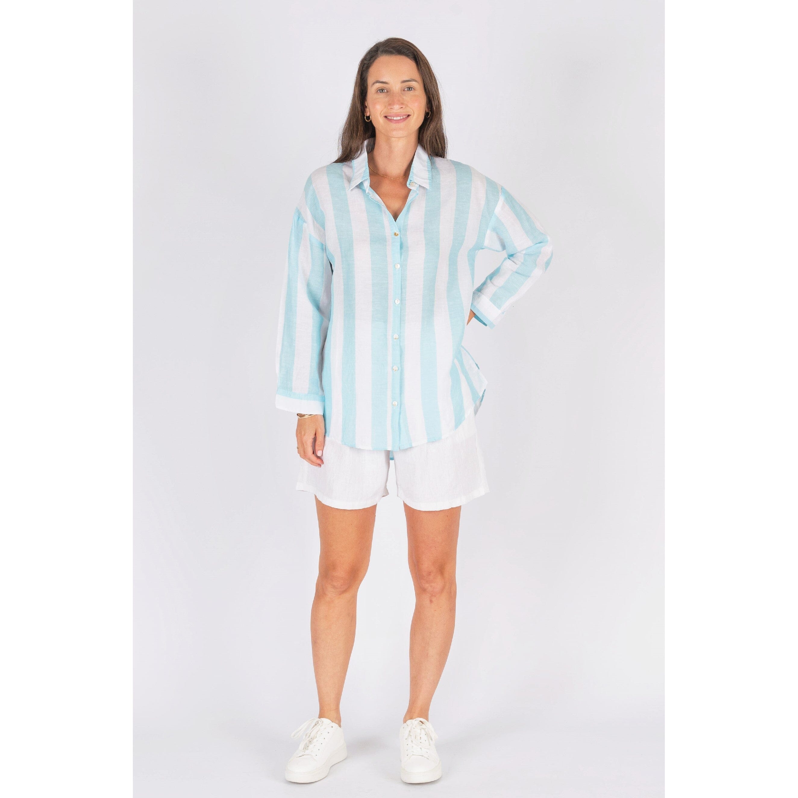 Worthier Maeve Linen Stripe Shirt - Aqua Worthier