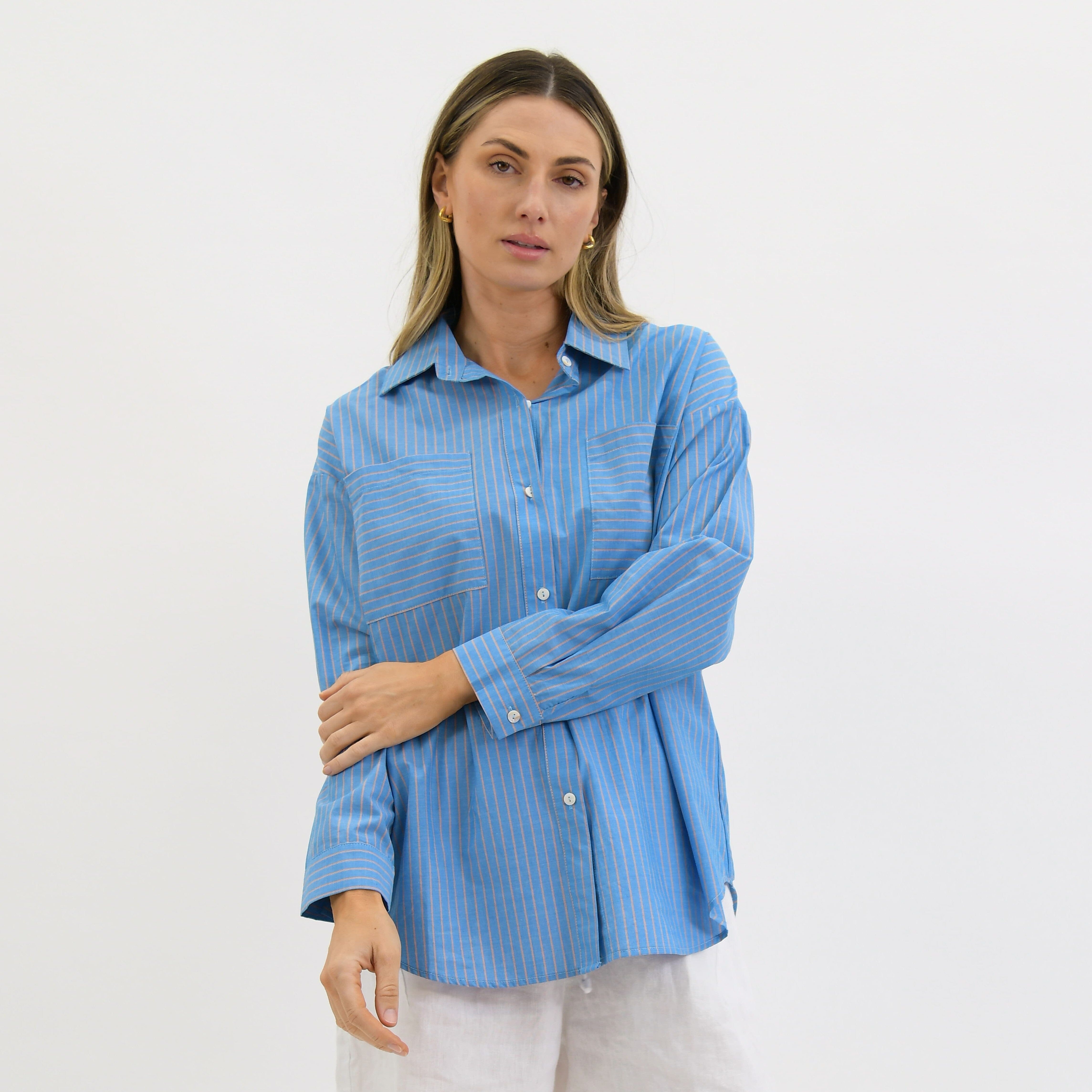Worthier Stray Cotton Stripe Shirt - Blue/Orange Stripe Worthier