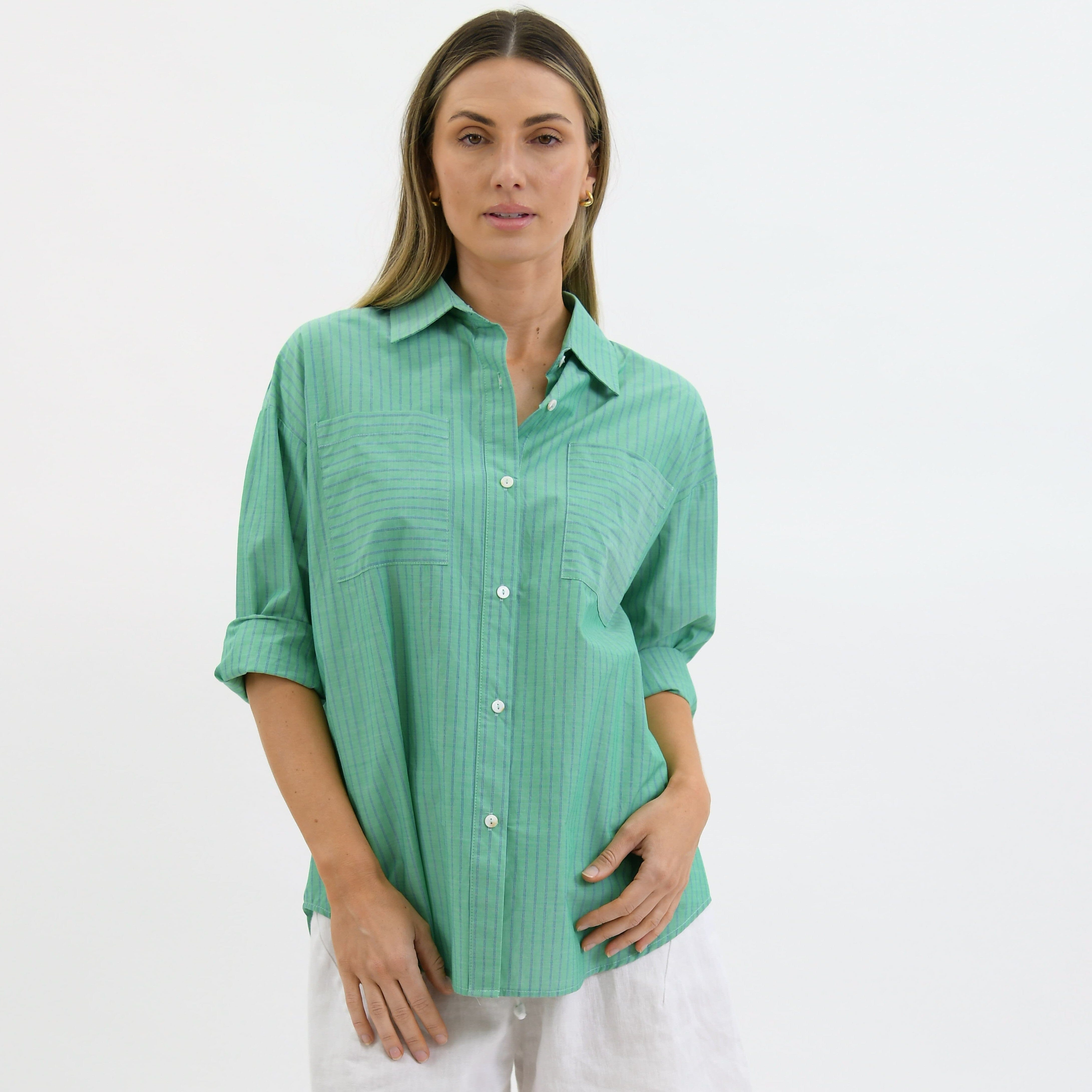 Worthier Stripe Cotton Shirt - Jade Green Women's Shirt Worthier 
