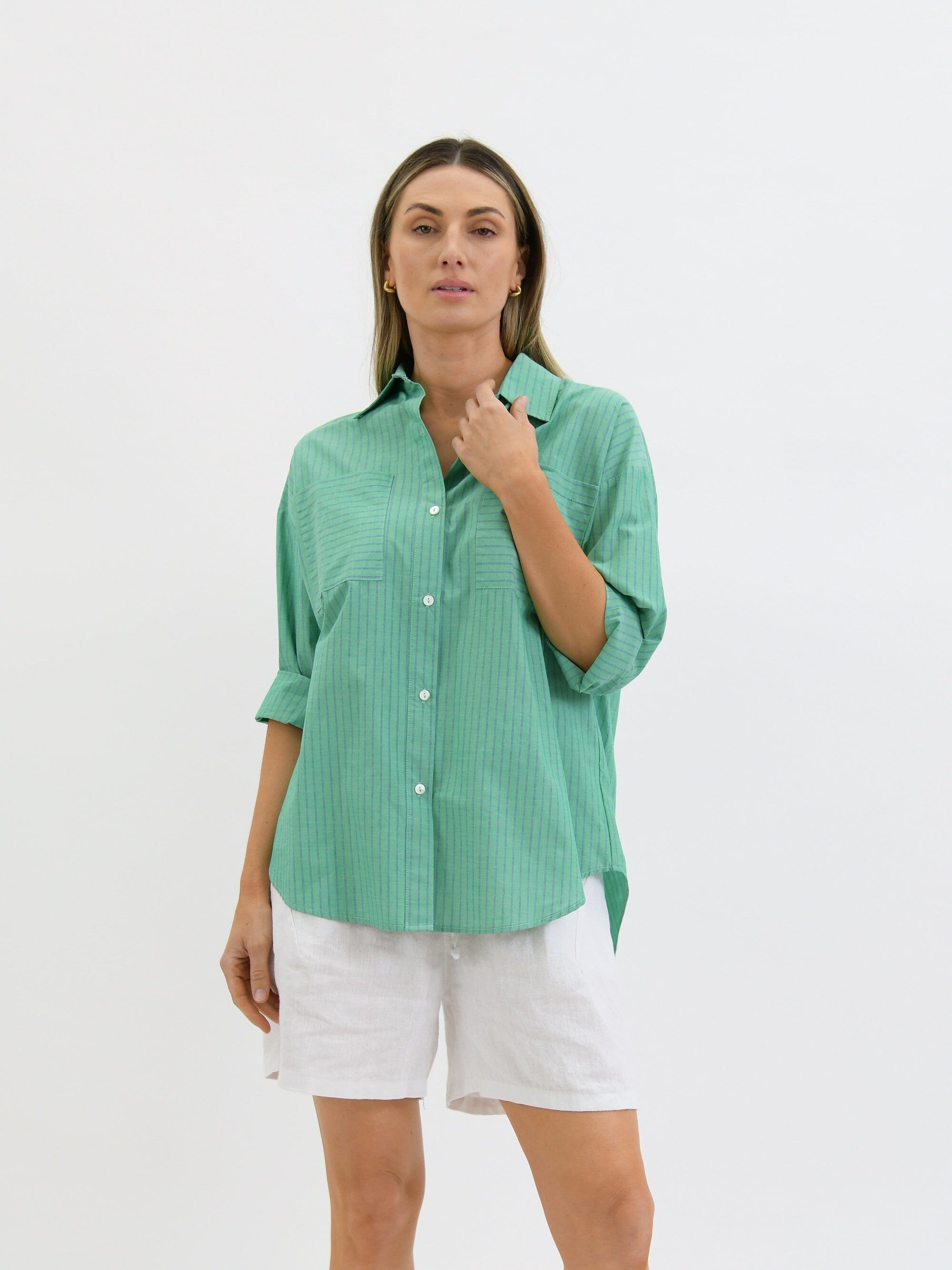 Worthier Stripe Cotton Shirt - Jade Green Women's Shirt Worthier 