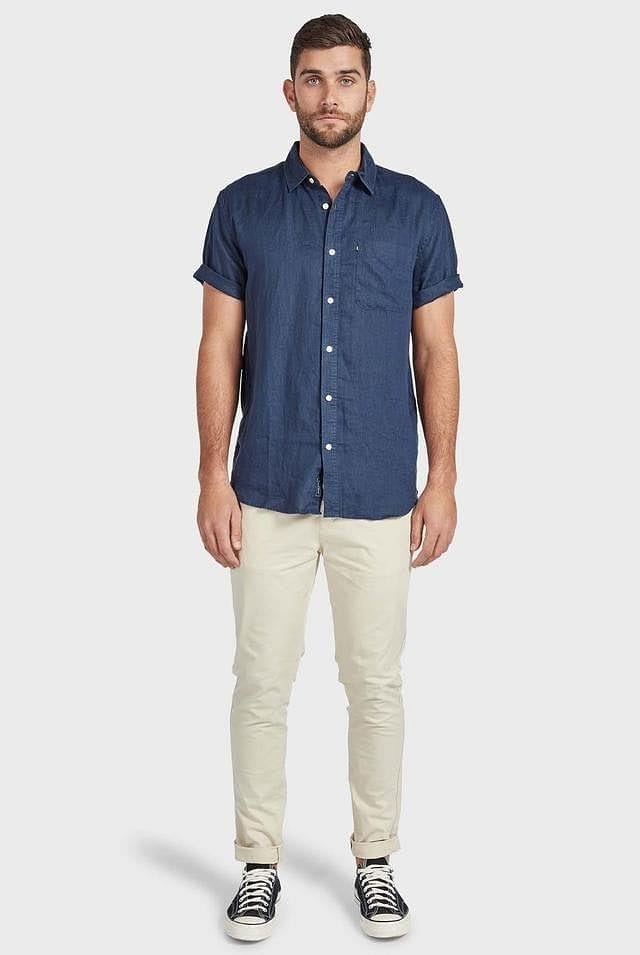 Academy Brand Men's Hampton Linen Short Sleeve Shirt - Navy Academy Brand