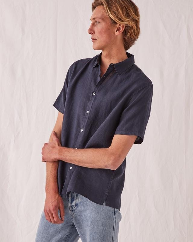 Assembly Label Casual Short Sleeve Linen Shirt - True Navy Assembly Label