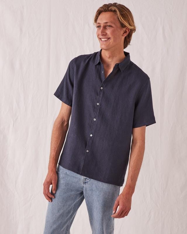 Assembly Label Casual Short Sleeve Linen Shirt - True Navy Assembly Label