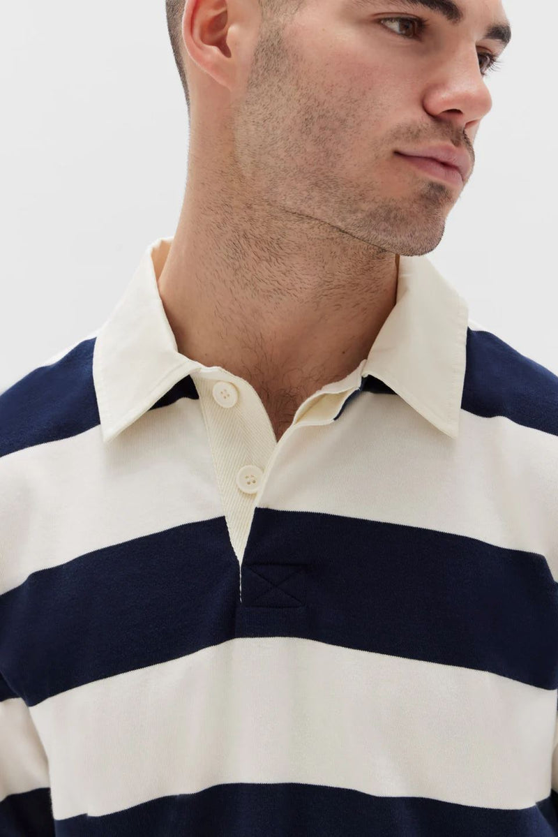 Assembly Label Wade Striped Long Sleeve Polo - True Navy/White Assembly Label