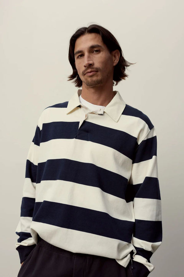 Assembly Label Wade Striped Long Sleeve Polo - True Navy/White Assembly Label