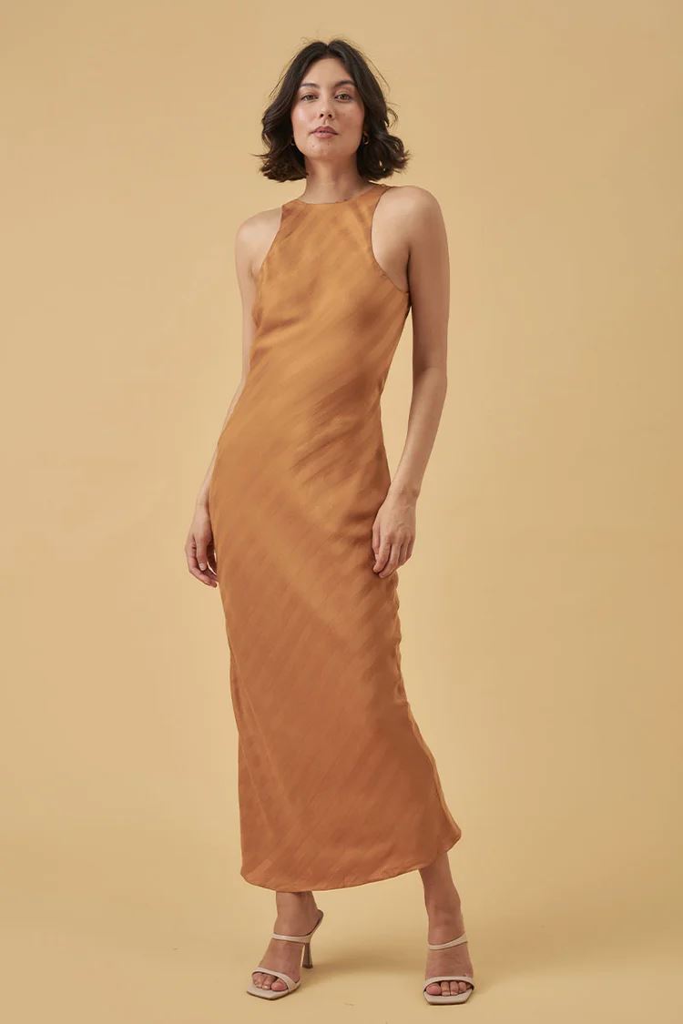 Mon Renn Eternal Bias Cut Midi Dress - Golden Stripe Mon Renn