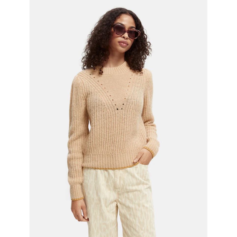 Scotch & Soda Crewneck Knit with Puffed Sleeves - Camel Melange Scotch & Soda